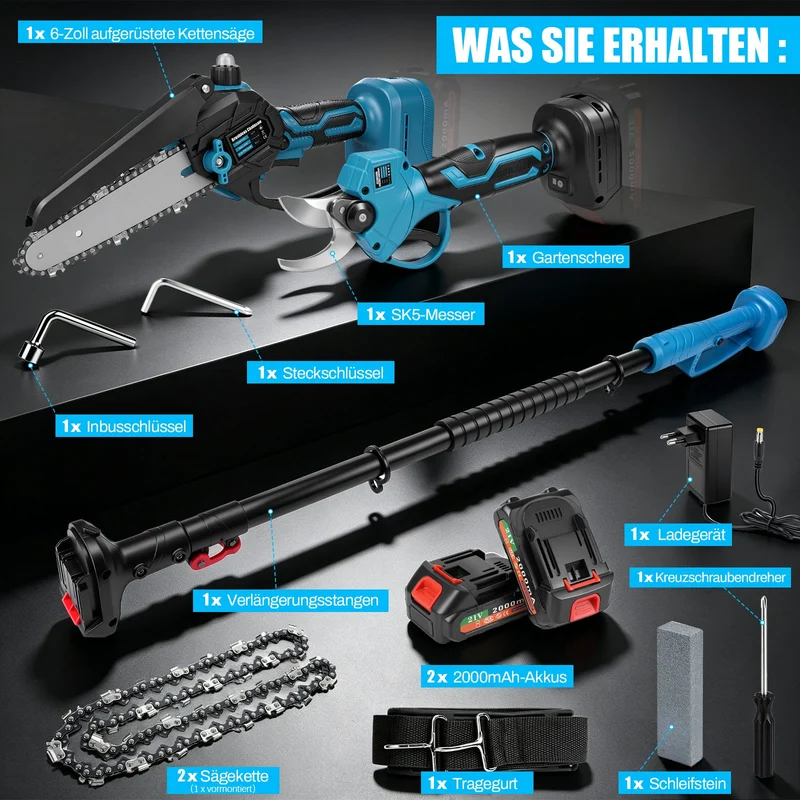 4-in-1 Akku Hochentaster Set 600W, Teleskopstange 1,05-1,7 m, Arbeitshöhe bis 4 m, 6 Zoll Mini-Kettensäge & Gartenschere, mit 2x 2,0Ah Akku