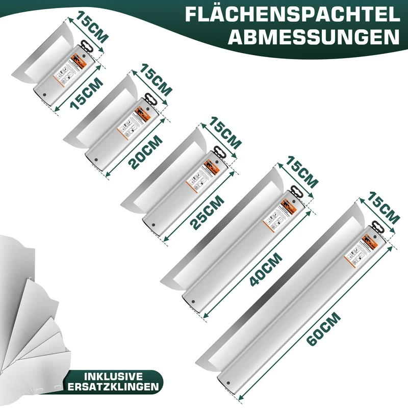 Profi Flächenspachtel System (21-tlg.) | 5 Größen, Teleskopstange, 5 Ersatzklingen & Koffer