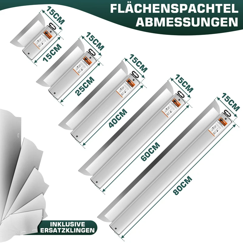 Profi Flächenspachtel Set mit Teleskopstange | 5 Größen (15-80cm) & 5 Ersatzklingen im Koffer