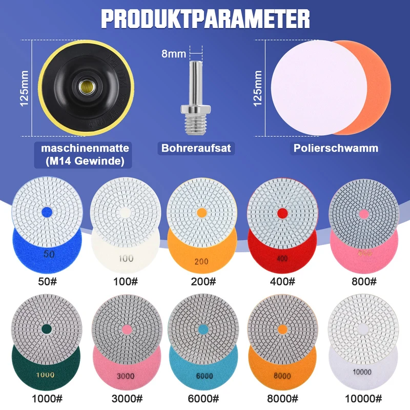 Diamant Polierscheiben Set 14-tlg. | 50-10000 Körnung | für Stein & Granit | mit M14 & Bohrer Adapter