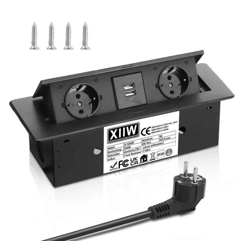 Versenkbare Tischsteckdose 2-fach mit 2x USB | Pop-Up Einbausteckdose Aluminium | 223x110mm Lochmaß