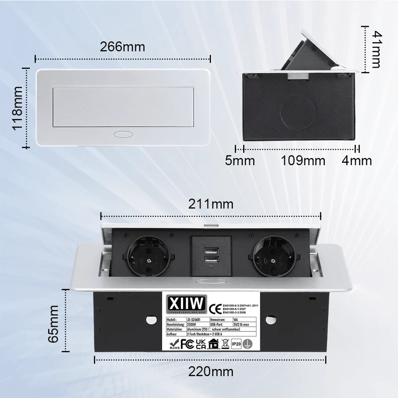 Versenkbare Tischsteckdose 2-fach mit 2x USB | Pop-Up Einbausteckdose Aluminium | 223x110mm Lochmaß