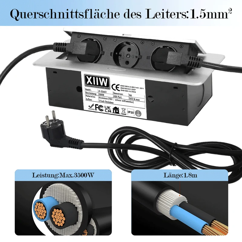 Versenkbare Tischsteckdose 2-fach mit 2x USB | Pop-Up Einbausteckdose Aluminium | 223x110mm Lochmaß