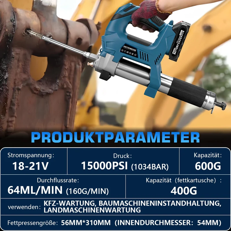 XIIW Digitale Akku-Fettpresse 15000 PSI | Elektrische Fettpresse mit LCD-Mengenzähler | Profi-Fettpistole für 18V Akkus (Solo-Gerät im Koffer)
