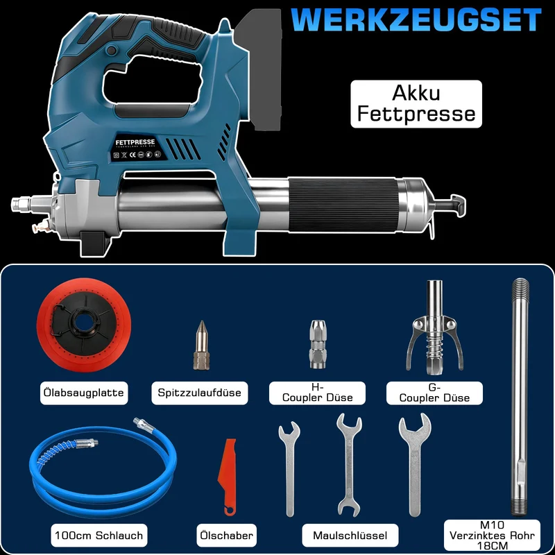 XIIW Digitale Akku-Fettpresse 15000 PSI | Elektrische Fettpresse mit LCD-Mengenzähler | Profi-Fettpistole für 18V Akkus (Solo-Gerät im Koffer)