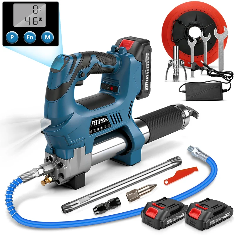 Profi Akku-Fettpresse 15000 PSI mit Digitalem Mengenzähler | Komplett-Set inkl. 2 Akkus & Koffer