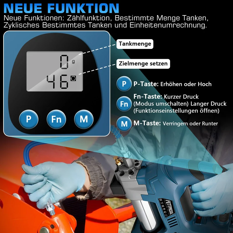 Profi Akku-Fettpresse 15000 PSI mit Digitalem Mengenzähler | Komplett-Set inkl. 2 Akkus & Koffer
