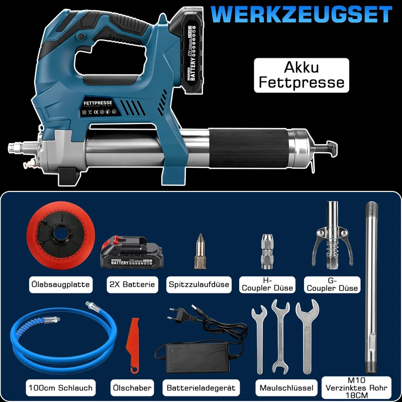 Profi Akku-Fettpresse 15000 PSI mit Digitalem Mengenzähler | Komplett-Set inkl. 2 Akkus & Koffer