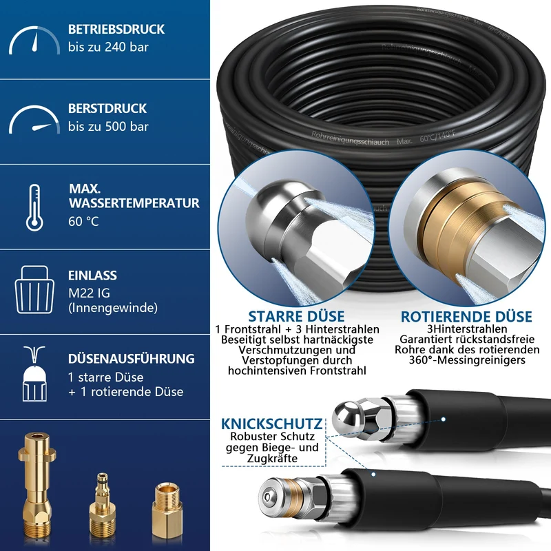 Professioneller Hochdruck-Rohrreinigungsschlauch 4-Schichten-System mit starre & rotierende Düsen, kompatibel mit Kärcher K2-K7, 500 bar