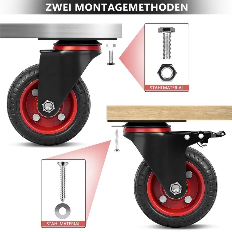 Industrie-Lenkrollen Set 100 mm – Vollgummi, 600 kg Tragfähigkeit, 2 mit Bremse, 360° drehbar