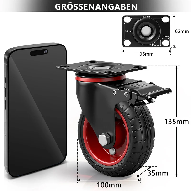 Industrie-Lenkrollen Set 100 mm – Vollgummi, 600 kg Tragfähigkeit, 2 mit Bremse, 360° drehbar