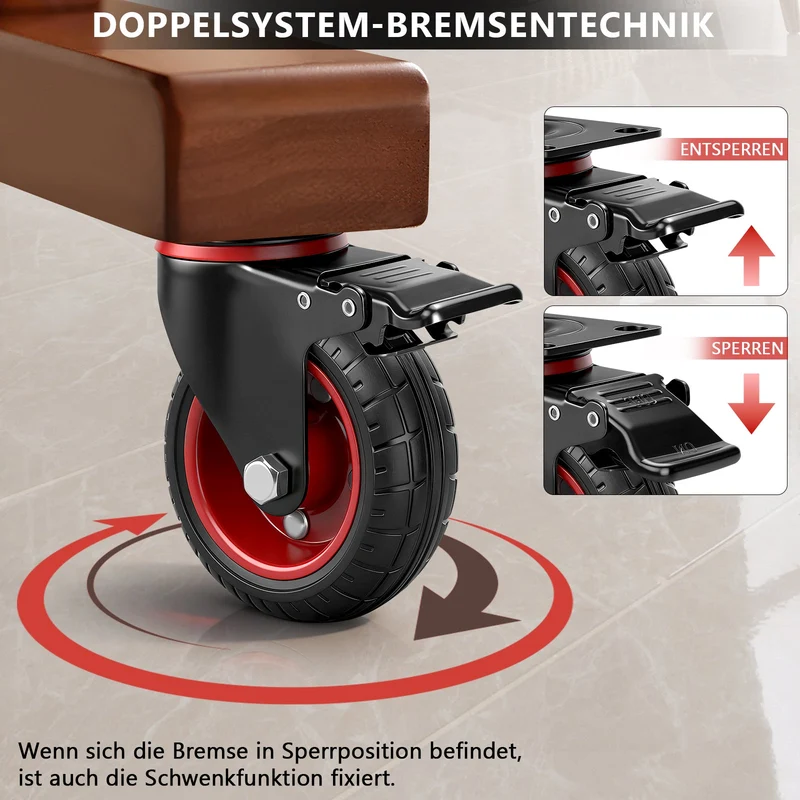 Industrie-Lenkrollen Set 100 mm – Vollgummi, 600 kg Tragfähigkeit, 2 mit Bremse, 360° drehbar