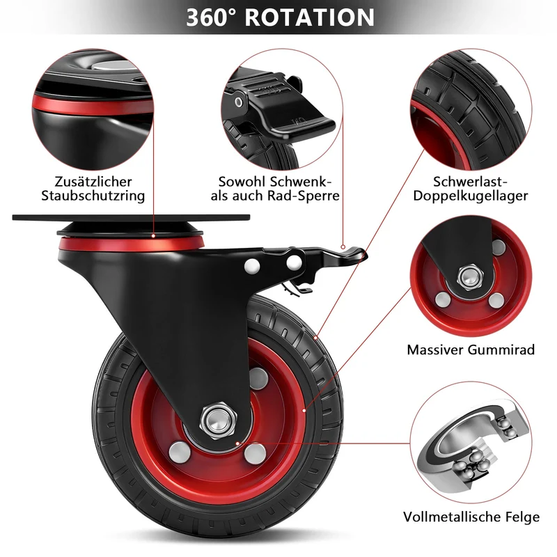 Industrie-Lenkrollen Set 100 mm – Vollgummi, 600 kg Tragfähigkeit, 2 mit Bremse, 360° drehbar
