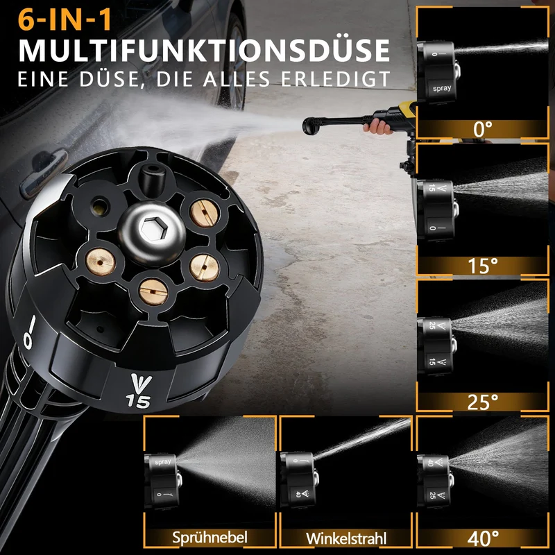 XIIW Akku-Hochdruckreiniger 45 Bar 300W, 2×21V 4,0Ah Akkus, 6-in-1 Düse, 5m Schlauch, mobiler Druckreiniger