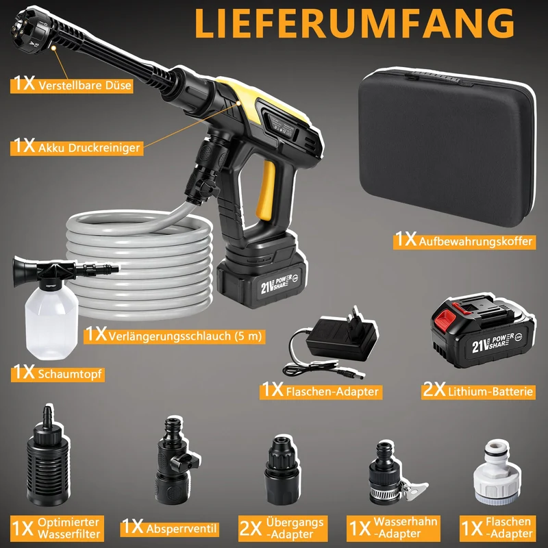XIIW Akku-Hochdruckreiniger 45 Bar 300W, 2×21V 4,0Ah Akkus, 6-in-1 Düse, 5m Schlauch, mobiler Druckreiniger