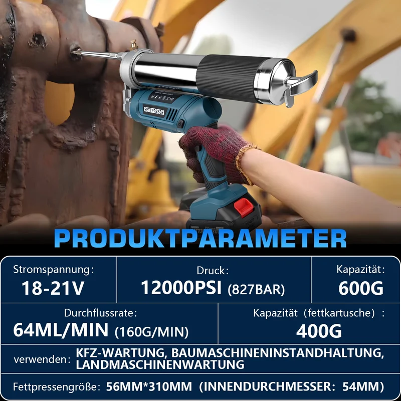Akku Fettpresse 12000 PSI Hochdruck, 2-in-1 Griff, LED, 600g Kapazität, kabellos
