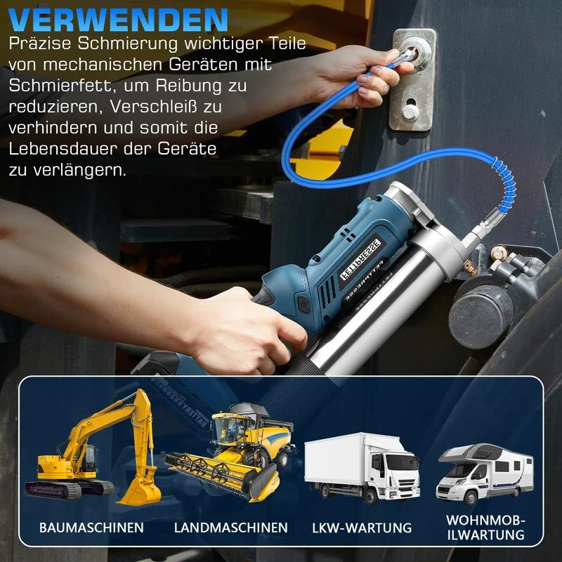 Akku Fettpresse 12000 PSI Hochdruck, 2-in-1 Griff, LED, 600g Kapazität, kabellos