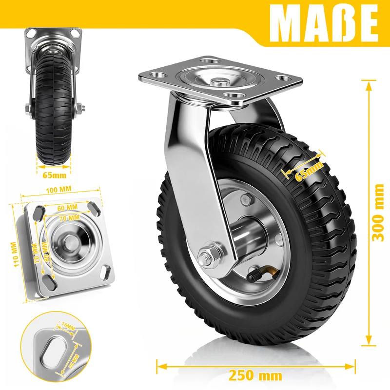 4er Set Pneumatische Lenkrollen 250mm – Schwerlast & Geländegängig, Ohne Bremse