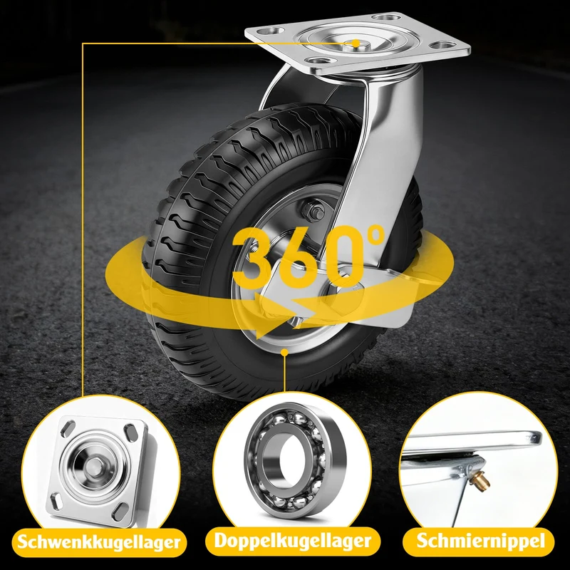 2er Set Pneumatische Lenkrollen 250mm – Geländegängig, Schwerlast, Naturkautschuk & Präzisionskugellager