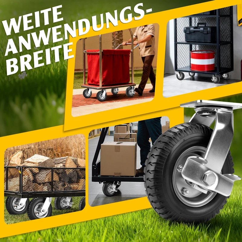 2er Set Pneumatische Lenkrollen 250mm – Geländegängig, Schwerlast, Naturkautschuk & Präzisionskugellager