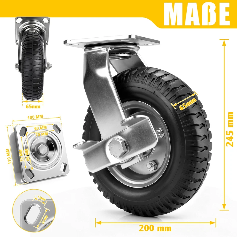 4er Set Pneumatische Rollen 200mm – 2 Bremsrollen + 2 Lenkrollen, Schwerlast & Geländegängig mit Luftbereifung