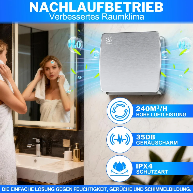 Leistungsstarker Abluftventilator 240 m³/h mit Nachlauffunktion – Für frische und trockene Räume