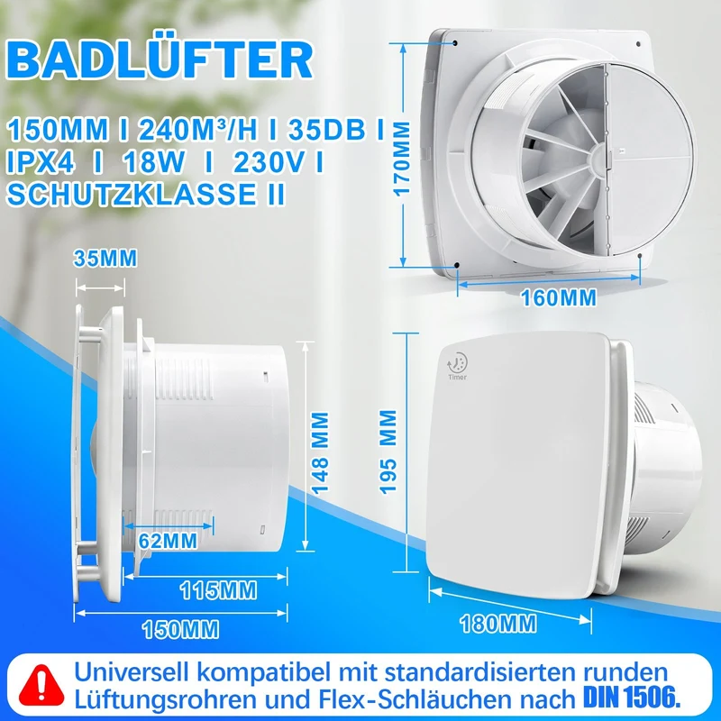 Effizienter Abluftventilator 240 m³/h mit einstellbarer Nachlaufzeit – Ideal für Bad, Küche und Keller
