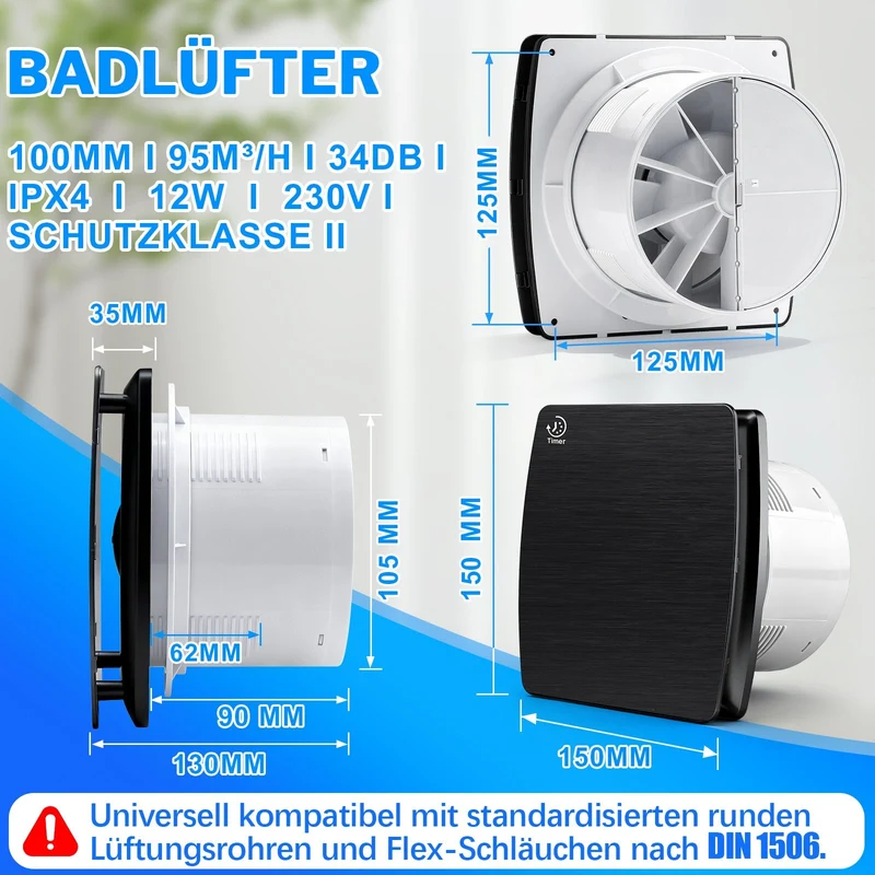 Abluftventilator 150mm mit Hygrostat, 95 m³/h leiser Badlüfter IPX4 mit Timer & Rückstauklappe zur Schimmelprävention