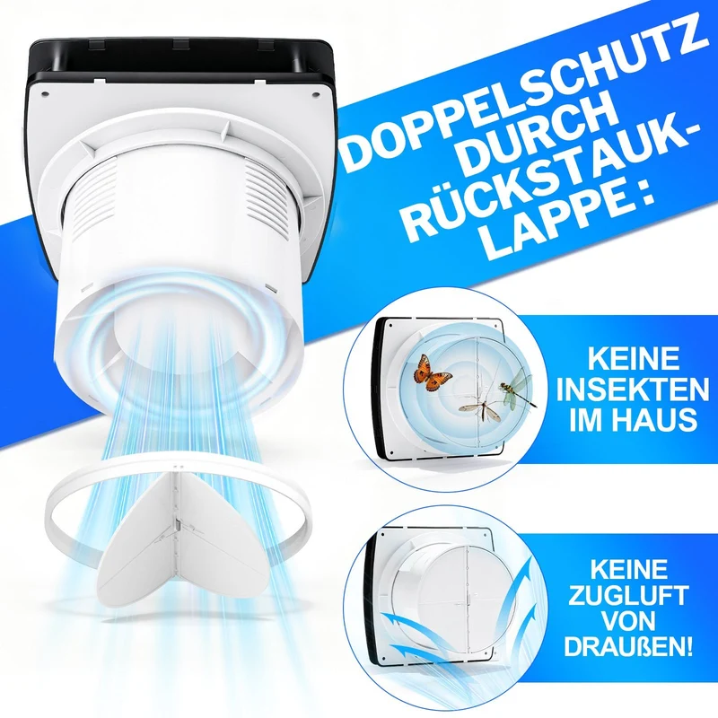 Abluftventilator 150mm mit Feuchtesensor & Nachlauffunktion, 95 m³/h leiser Badlüfter IPX4 gegen Feuchtigkeit & Schimmel
