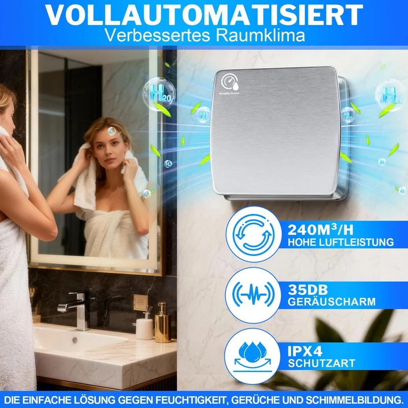 Automatischer Luftentfeuchter mit integriertem Hygrostat und Nachlaufmodus – Geräuscharmer Bad- & Küchenlüfter, spritzwassergeschützt nach IPX4