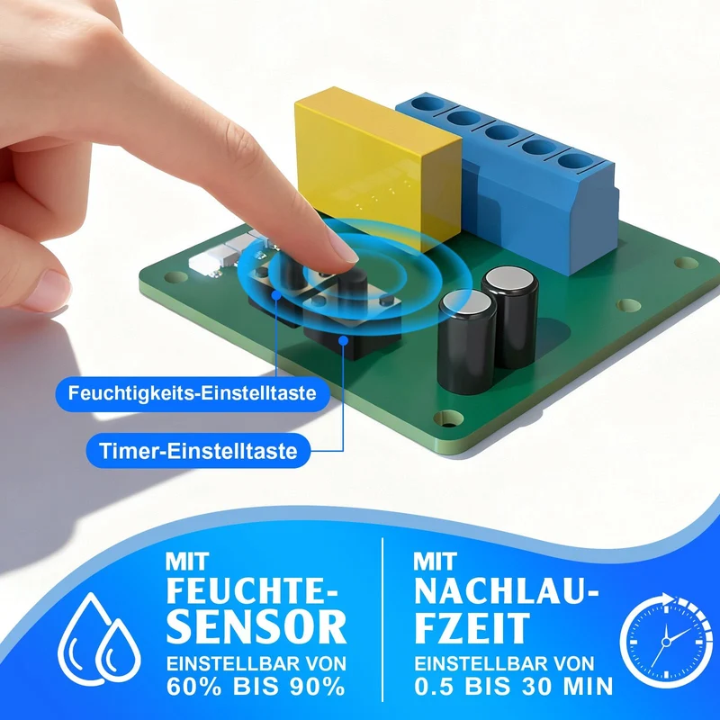Automatischer Luftentfeuchter mit integriertem Hygrostat und Nachlaufmodus – Geräuscharmer Bad- & Küchenlüfter, spritzwassergeschützt nach IPX4