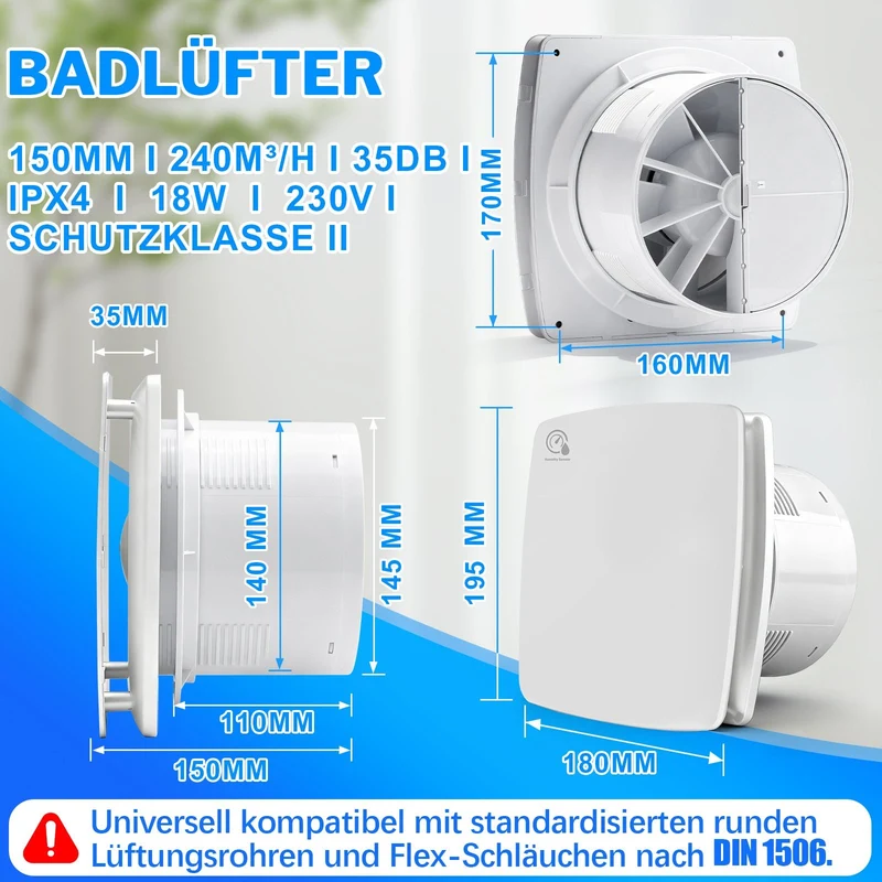 Automatischer Luftentfeuchter mit Feuchtesensor & Nachlauffunktion – Leiser Ventilator für Badezimmer & Küche, IPX4 Spritzwasserschutz