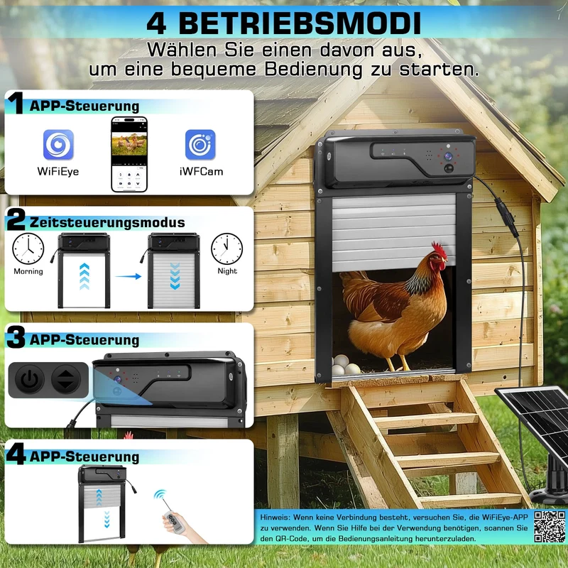 XIIW Automatische Hühnerstalltür Solar mit 1080P Kamera, App-Steuerung, WLAN, Fernbedienung, 5000mAh Akku und Hinderniserkennung