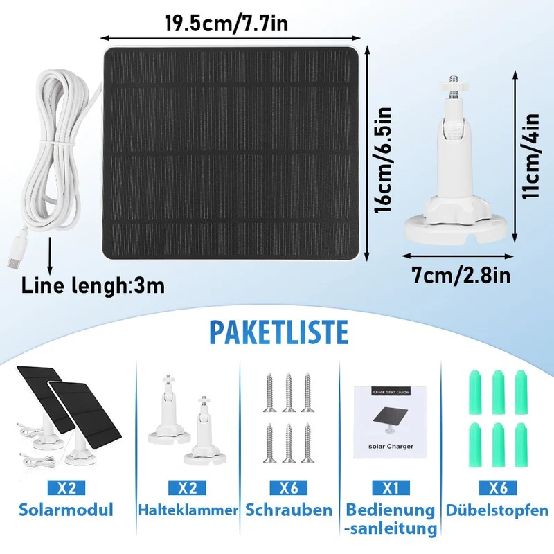 5W Solarmodul für Akku-Überwachungskameras – Outdoor Solarpanel IP65 mit USB/USB-C/DC 3,5 mm für 5V WLAN Kamera