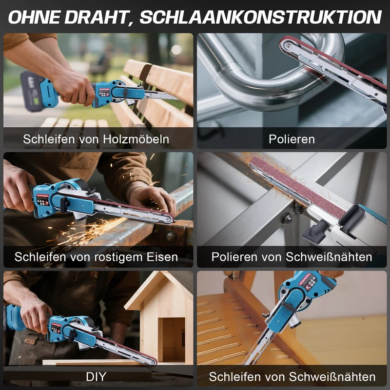 XIIW Akku Bandfeile Bürstenlos, Mini Bandschleifer 9/13×457 mm, 6 Stufen 260–630 m/min, 100° verstellbar, 2×2Ah Akkus