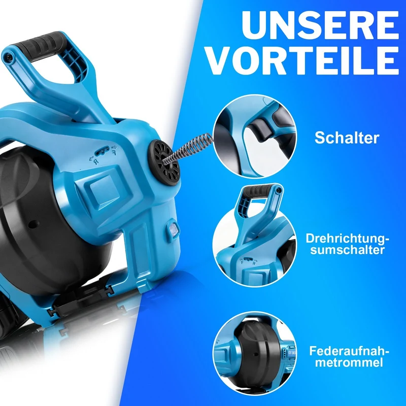XIIW 20V Akku Rohrreinigungsgerät Set | 7,6m Spirale | inkl. 2 Akkus & Ladegerät für Ø19-85mm Rohre
