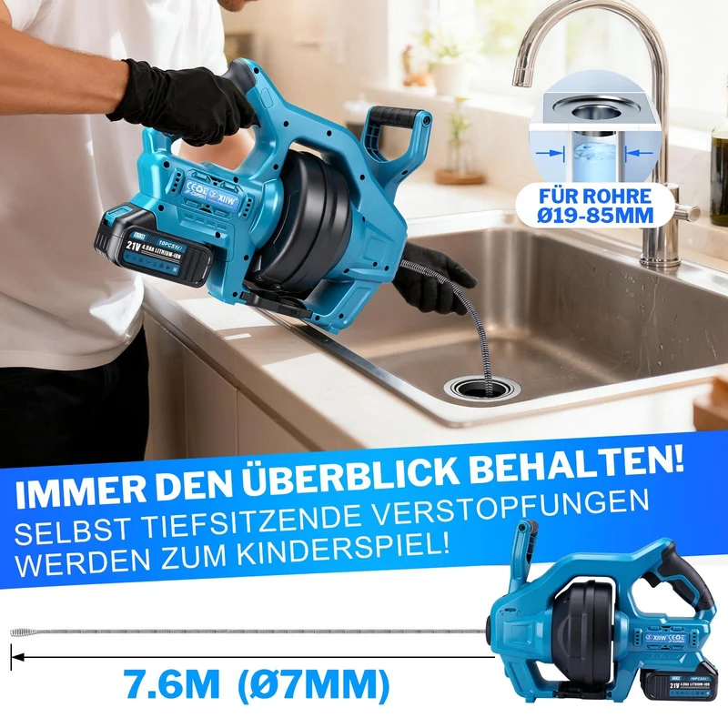 XIIW 20V Akku Rohrreinigungsgerät Set | 7,6m Spirale | inkl. 2 Akkus & Ladegerät für Ø19-85mm Rohre
