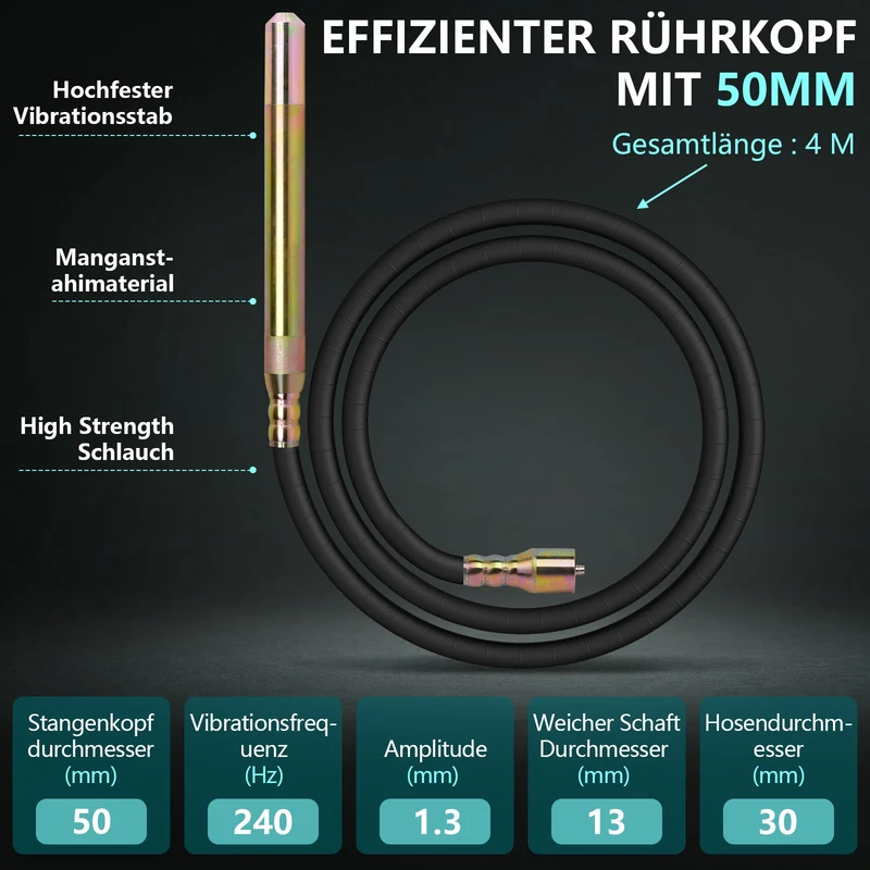 Betonrüttler 3200W – Reinkupfer Motor, 50mm Kopf, 4m Weichwelle, 30 Min Dauerbetrieb