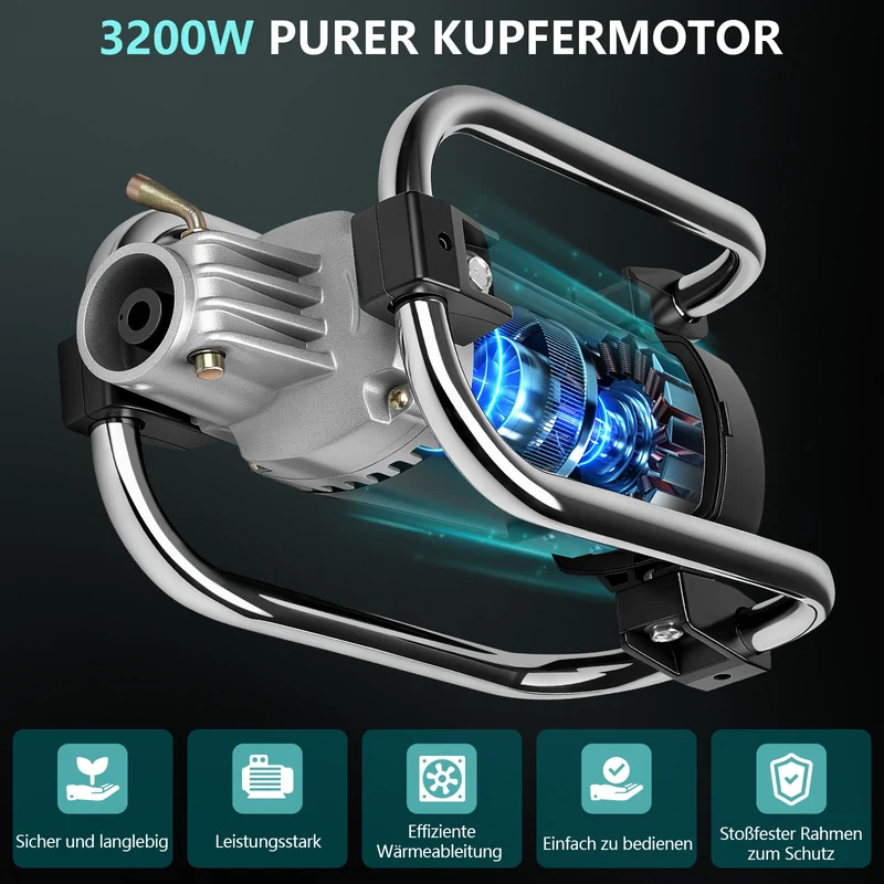 Betonrüttler 3200W – Reinkupfer Motor, 50mm Kopf, 4m Weichwelle, 30 Min Dauerbetrieb