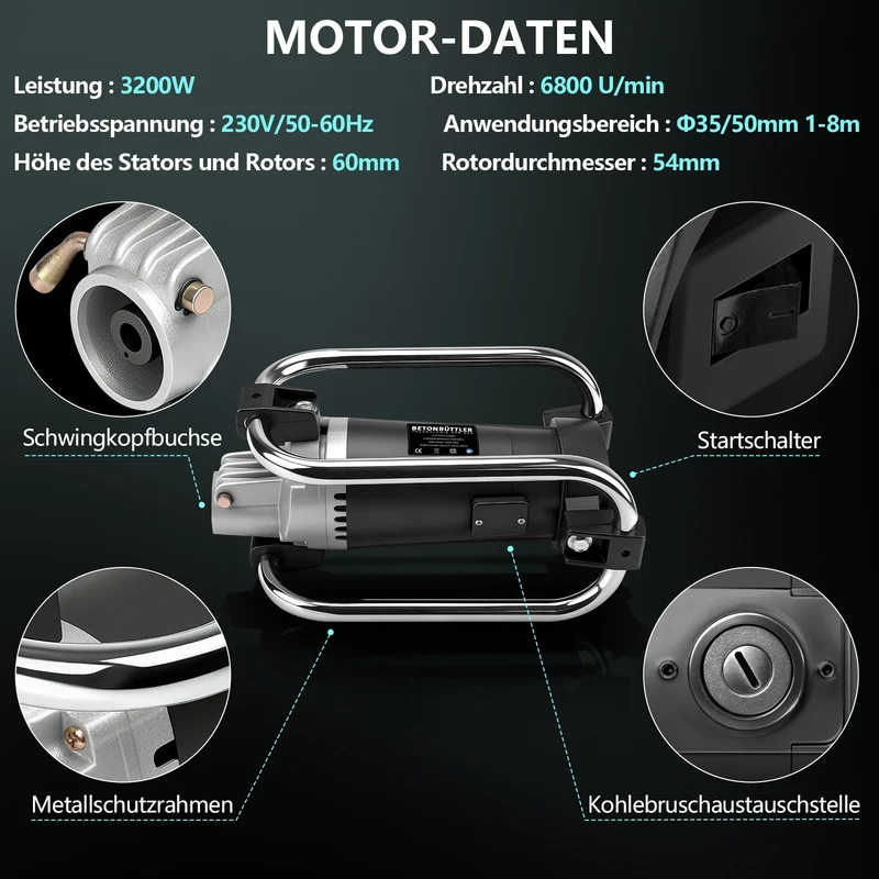 Betonrüttler 3200W – Reinkupfer Motor, 50mm Kopf, 4m Weichwelle, 30 Min Dauerbetrieb
