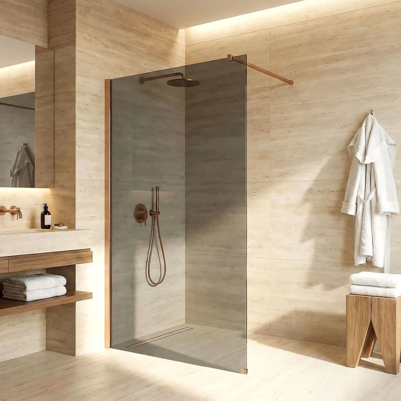 Walk-In Duschwand Flexi Kupfer Matt grau getöntes Glas 80-140cm