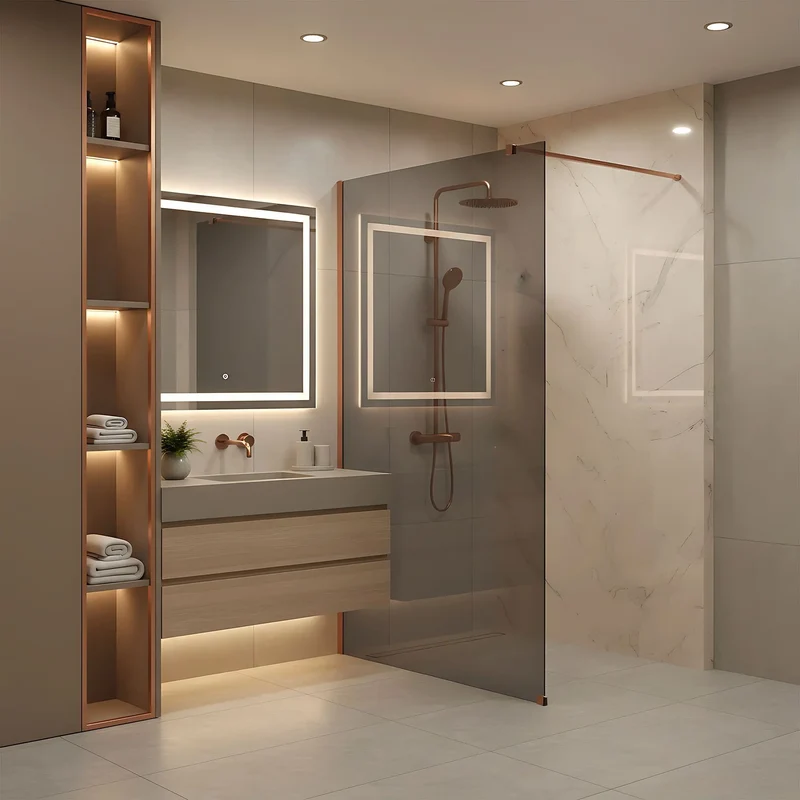 Walk-In Duschwand Flexi Kupfer Matt grau getöntes Glas 80-140cm