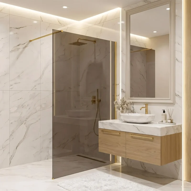 Walk-In Duschwand Flexi Gold Matt braun getöntes Glas 80-140cm