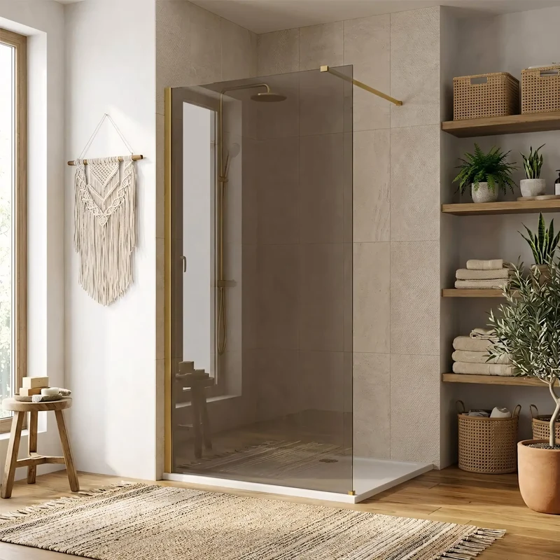 Walk-In Duschwand Flexi Gold Matt braun getöntes Glas 80-140cm