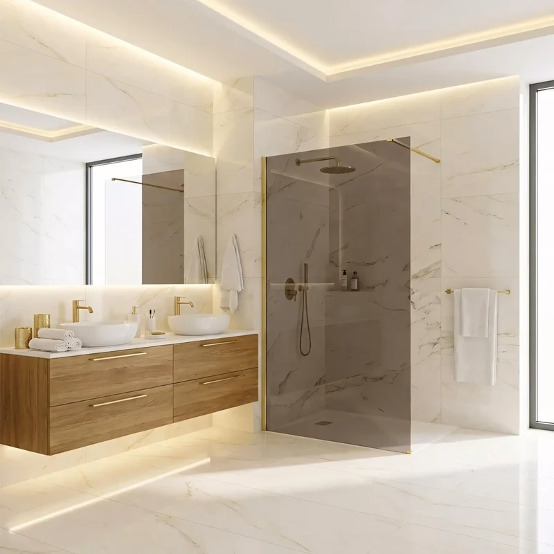 Walk-In Duschwand Flexi Gold Matt braun getöntes Glas 80-140cm