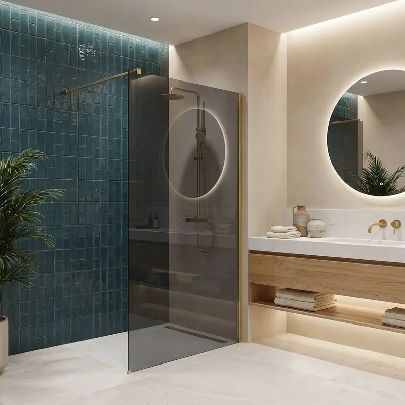 Walk-In Duschwand Flexi Gold Matt grau getöntes Glas 80-140cm