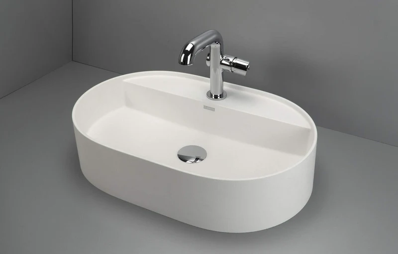 DEANTE Silia Granit-Aufsatzwaschbecken mit Armaturenbank - Oval // Alabaster // CQS-AU6B