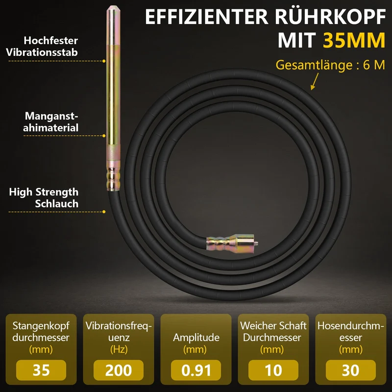 Betonrüttler 3200W mit 35mm Vibrationskopf und 6m flexibler Welle