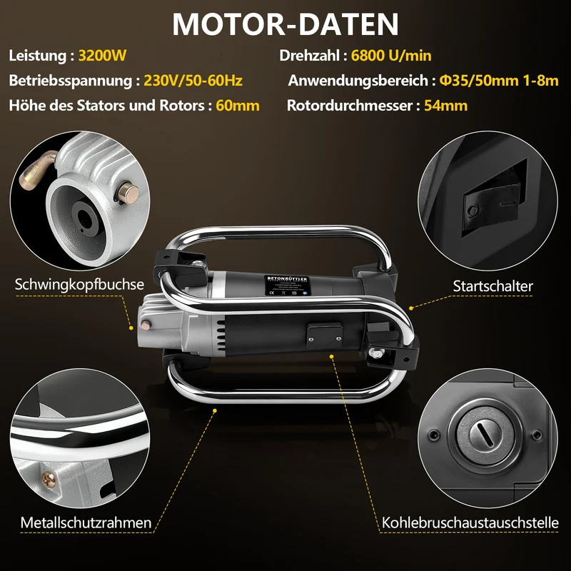 Betonrüttler 3200W mit 35mm Vibrationskopf und 6m flexibler Welle