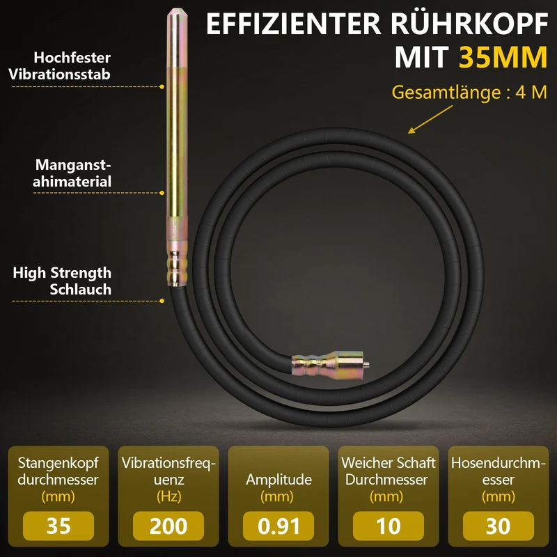 Betonrüttler 3200W mit 35mm Vibrationskopf und 4m flexibler Welle für Betonverdichtung